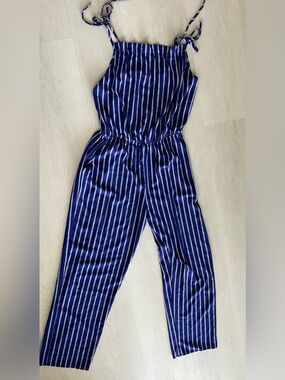 Green Envelope Blue & White pinstripe LA jumpsuit XL pantsuit w/ ruffle neck